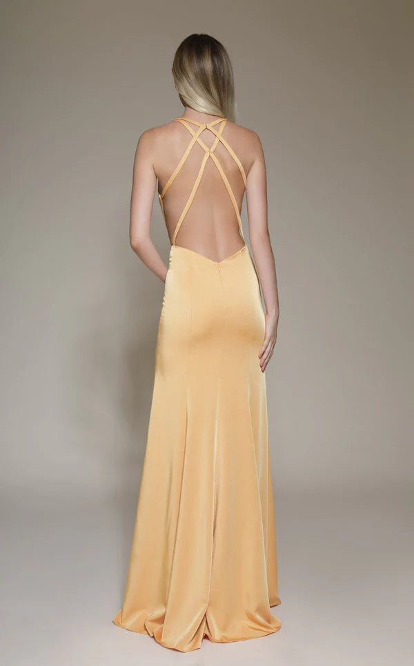 A-line deep V-neck satin and floor length Prom dress